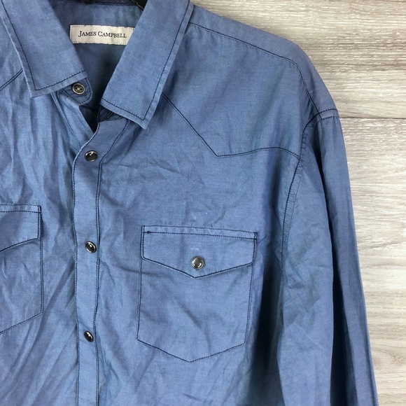 JAMES CAMPBELL Men Blue Cotton Long Sleeve Button Front Shirt - Picture 3 of 6